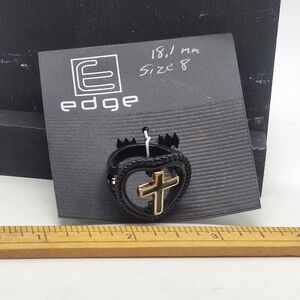 Edge Black and Gold Cross In Heart Ring Size 8